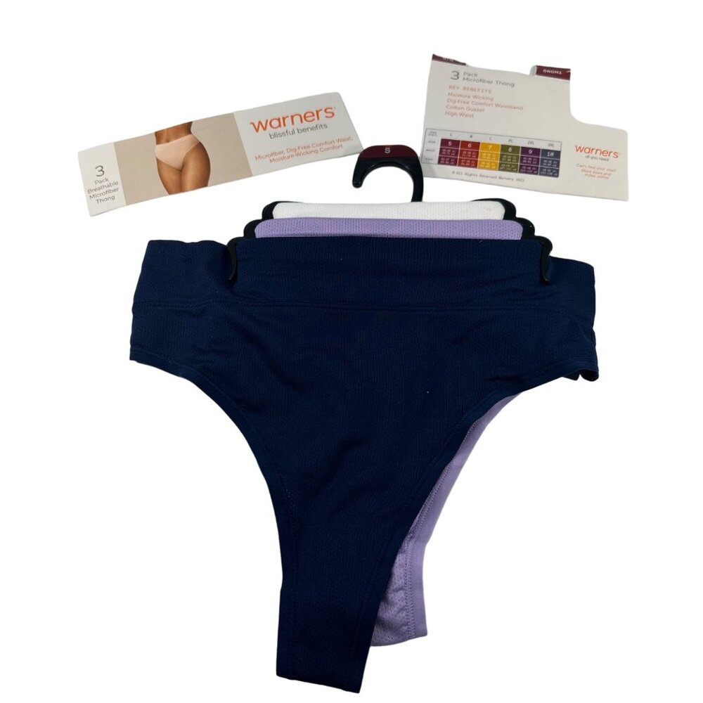 Lot Of Three Warner's Women's Size Small 5 Panty Thong White Purple Blue New